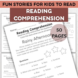 May include: Reading comprehension worksheets for children. The image shows a "Rainy Afternoon" story with questions to answer. The worksheets have a "Name" and "Date" section. The image also shows a "50 PAGES" graphic. The worksheets are designed to help children with reading.