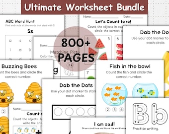 May include: A bundle of preschool and kindergarten worksheets. The worksheets include activities like ABC word hunts, counting, matching pictures, and practicing writing. The bundle includes over 800 pages of educational content for young learners.