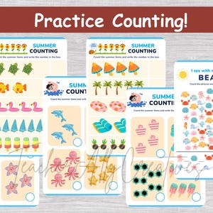 May include: Educational summer-themed counting worksheets. The worksheets feature colorful illustrations of beach and summer items, including turtles, fish, ice cream, and beach accessories. The text "Practice Counting!" is at the top.