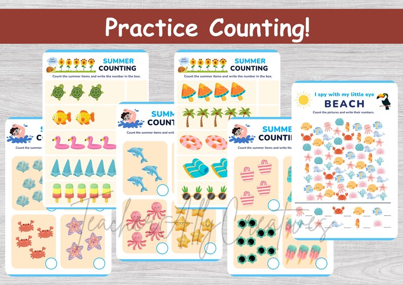 May include: Educational summer-themed counting worksheets. The worksheets feature colorful illustrations of beach and summer items, including turtles, fish, ice cream, and beach accessories. The text "Practice Counting!" is at the top.