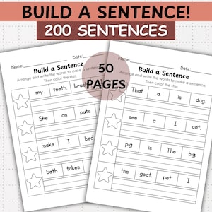 May include: Two worksheets titled "Build a Sentence!" with the text "200 Sentences." The worksheets feature sentence-building exercises. The worksheets are white with black text and star graphics. The words "50 PAGES" are in the center.