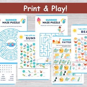 May include: A collection of summer-themed activity sheets with mazes, word searches, and counting games. The sheets feature colorful illustrations of beach items, ice cream, and beach balls, with the text "Print & Play!"