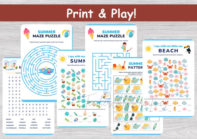 May include: A collection of summer-themed activity sheets with mazes, word searches, and counting games. The sheets feature colorful illustrations of beach items, ice cream, and beach balls, with the text "Print & Play!"