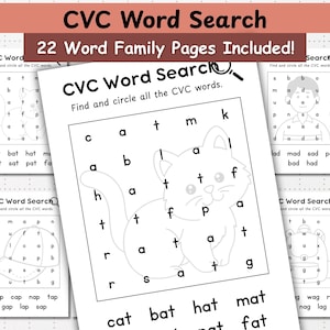 Puede incluir: Un conjunto de hojas de trabajo de CVC Word Search para uso educativo. Las hojas de trabajo presentan búsquedas de palabras con una ilustración de gato y familias de palabras como "cat, bat, hat, mat, fat". El texto "CVC Word Search" y "22 Word Family Pages Included!" son visibles.