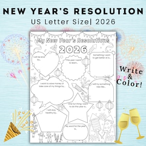 May include: A black and white New Year's Resolution worksheet for 2026, with prompts to write and color. The text includes "My New Year's Resolutions", "Write & Color!", and prompts like "I will be kind by..." and "My word for the year is..."
