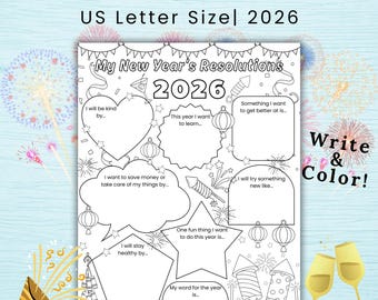 New Year’s Resolutions 2026 template for Kids, Goal Setting Coloring Page, Write & Color Activity (Digital Download)