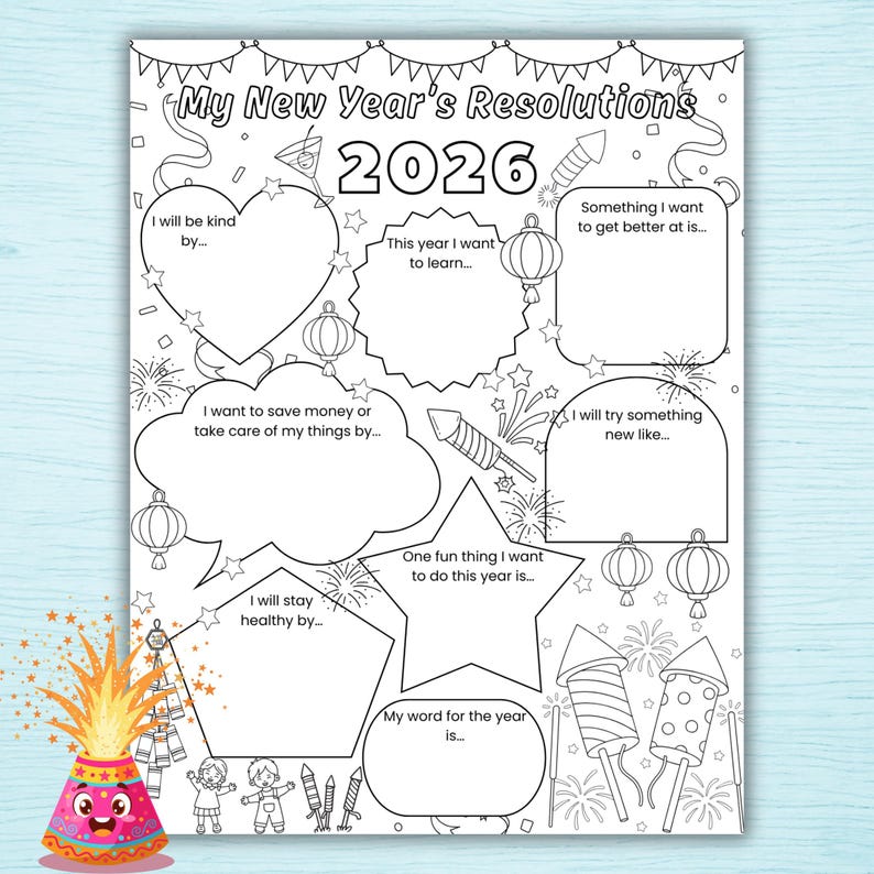 New Year’s Resolutions 2026 Template for Kids, Goal Setting Coloring ...