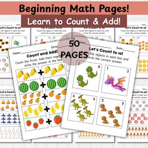 May include: Educational math pages for beginners. The pages feature counting and addition exercises with colorful illustrations of fruits, dinosaurs, and other objects. The text reads "Beginning Math Pages! Learn to Count & Add!" and "50 Pages".