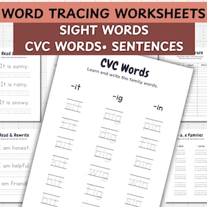 May include: White worksheets with black text for word tracing, sight words, CVC words, and sentences. The worksheets include tracing lines for words like "sit," "pig," and "pin." The top of the image reads "WORD TRACING WORKSHEETS."