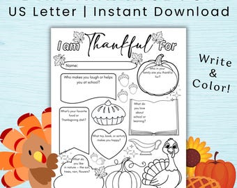 Thanksgiving I Am Thankful For Worksheet Printable for Kids, Gratitude Activity Page, Fall Classroom Coloring (Digital Download)
