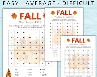 May include: Three fall-themed word search puzzles with varying difficulty levels. The puzzles are titled "Easy," "Average," and "Difficult." Each puzzle features the word "FALL" and autumn-related words to find. The image includes a cute gnome illustration.