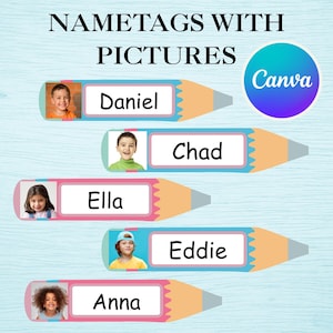 Puede incluir: Etiquetas con nombres y fotos, cada una diseñada como un lápiz, con los nombres Daniel, Chad, Ella, Eddie y Anna. Cada etiqueta incluye una foto y un nombre. El logotipo de Canva está en la esquina superior derecha. El fondo es azul claro.