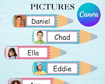 Pencil Theme Classroom Name Tags with Pictures - Printable Canva Template (PDF)