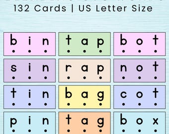 Tarjetas de vocabulario CVC, tarjetas de vocabulario de vocales cortas, tarjetas de aprendizaje fonético para alfabetización en jardín de infantes, práctica de lectura (descarga digital)