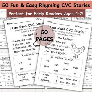 Może przedstawiać: Zestaw edukacyjnych arkuszy ćwiczeń dla młodych czytelników, zatytułowanych "I Can Read CVC Stories!". Zawierają rymowane opowiadania i ćwiczenia skupione na słowach CVC. Tekst na okładce brzmi "50 Fun & Easy Rhyming CVC Stories" i jest przeznaczony dla dzieci w wieku 4-7 lat.