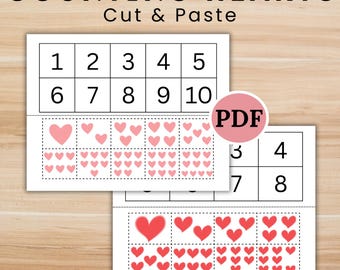 Hearts Count Cut and Paste Math Activity, Numbers 1-10 Worksheet (Digital Download)