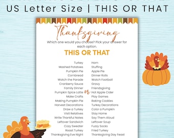 May include: A Thanksgiving-themed game card with the title "Thanksgiving Game" and the prompt "This or That." The card lists Thanksgiving choices, with turkey and pumpkin illustrations on the sides.