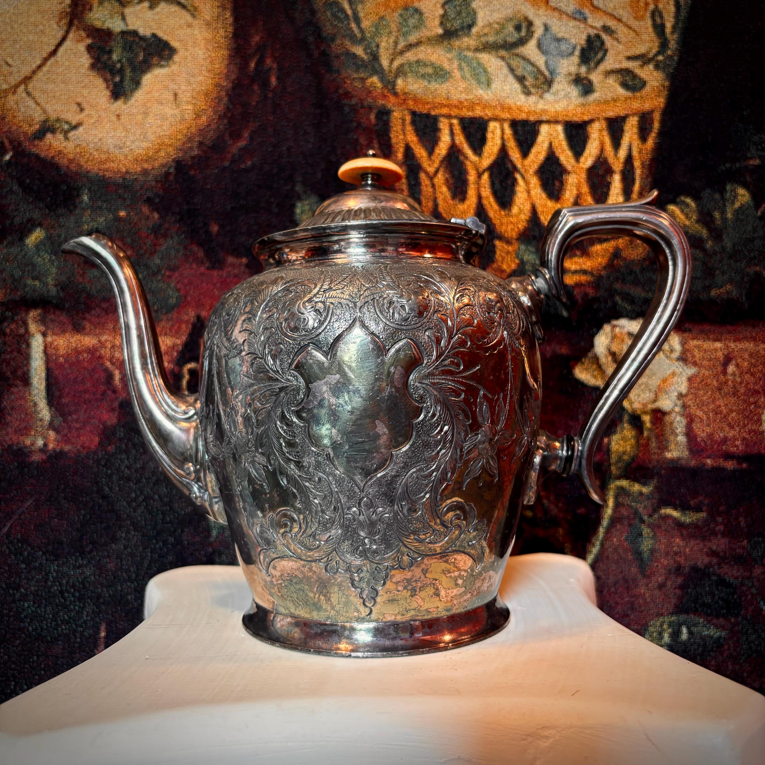 Vintage Ornate Silver Etched Teapot