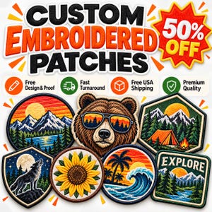May include: A collection of custom embroidered patches featuring various designs including a bear wearing sunglasses, a sunflower, a wolf howling at the moon, mountain landscapes, a tent with a campfire, a tropical ocean wave, and a forest scene.