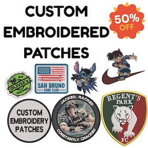 May include: A collection of custom embroidered patches with various designs, including a San Bruno Surf Club patch, a cartoon character, and a patch with the text "Custom Embroidery Patches". A 50% off promotion is also displayed.