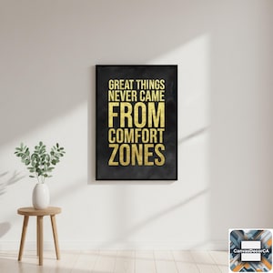 Toile d'art motivante pour l'échange d'actions - Les bonnes choses ne sont jamais venues des zones de confort - Décoration murale inspirante pour les commerçants travaillant à domicile