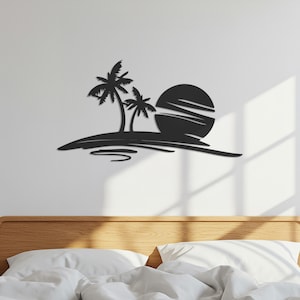 Palm Tree Sunset Metal Wall Art, Tropical Beach Scene Metal Decor, Minimal Coastal Wall Sculpture, Modern Bedroom Beach Vibe Gift