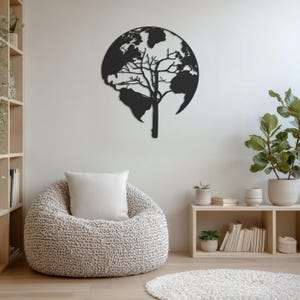 Art mural arbre de vie, décoration en métal de carte du monde, sculpture inspirée de la nature, idée cadeau pour le jour de la Terre, accent mural minimaliste, design environnemental