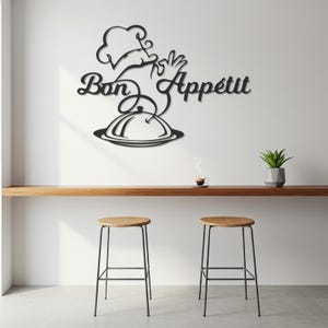 Bon Appétit Metal Kitchen Wall Art, Chef Silhouette Food Decor, Modern Iron Restaurant Sign, French Cooking Quote for Dining Room or Café