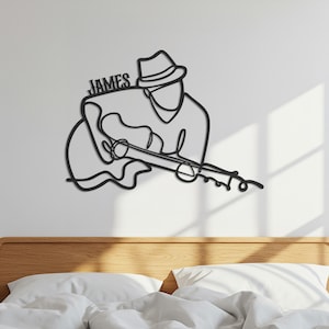 Guitar Player Metal Wall Art, Musician Silhouette Decor, Personalized Guitarist Gift, Framed Custom Metal Sign for Studio, Office, Bar