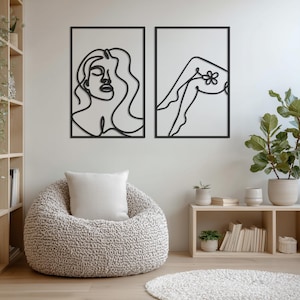 Modern Woman Metal Wall Art Set, Framed Minimalist Female Line Drawing Decor, 2 Piece Abstract Wall Sculpture for Bedroom or Living Room