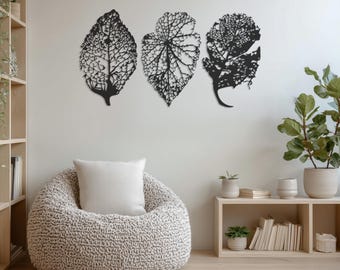 Tropical Leaf Metal Wall Art Set, Black Iron Botanical Decor