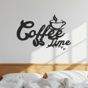 Coffee Time Metal Wall Art for Kitchen, Framed Coffee Cup Wall Decor, Black Script Coffee Bar Sign, Modern Cafe Wall Accent Gift Idea