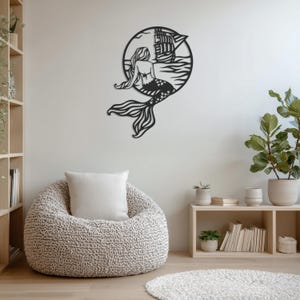 Mermaid Metal Wall Art for Living Room, Framed Nautical Ocean Decor, Fantasy Sea Girl Metal Silhouette, Gift for Beach House Lovers