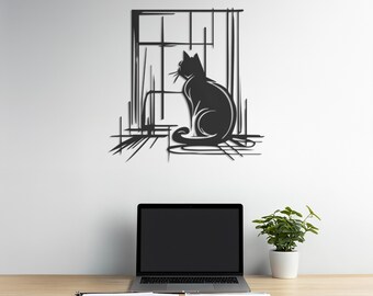 Black Cat Window Metal Wall Art, Modern Minimalist Silhouette