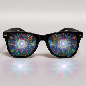Pode incluir: Óculos de sol com armação preta com lentes exibindo um padrão caleidoscópico vibrante. As lentes apresentam uma luz branca central brilhante rodeada por linhas de cor radiantes. Em um fundo branco.