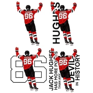 May include: Four images of a hockey player in a red and black uniform with the name "Hughes" and the number "86" on the back. Text includes "Jack Hughes has more points than any Devil in history."