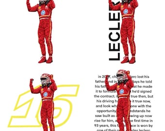 May include: A red racing suit with a helmet, gloves, and boots. The suit has sponsor logos and the number 16. The name "LECLERC" is printed vertically. The image is on a white background.