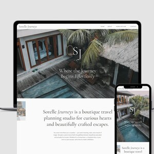 May include: A laptop and smartphone display a website for Sorelle Journeys, a boutique travel planning studio. The website features images of tropical locations, with the tagline "Where the Journey Begins Effortlessly."