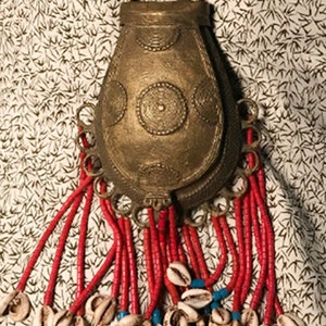 SALE !  Antique Brass African Medicine - Tobacco Pouch with Cowrie & Tile Beads  Late 1800's - Early 1900's African Arts Collectible