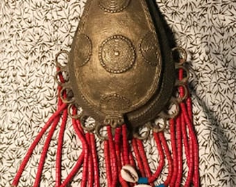 Antique Brass - Bronze African Medicine - Tobacco Pouch with Cowrie & Tile Beads Africa Late 1800's - Early 1900's African Arts Collectible