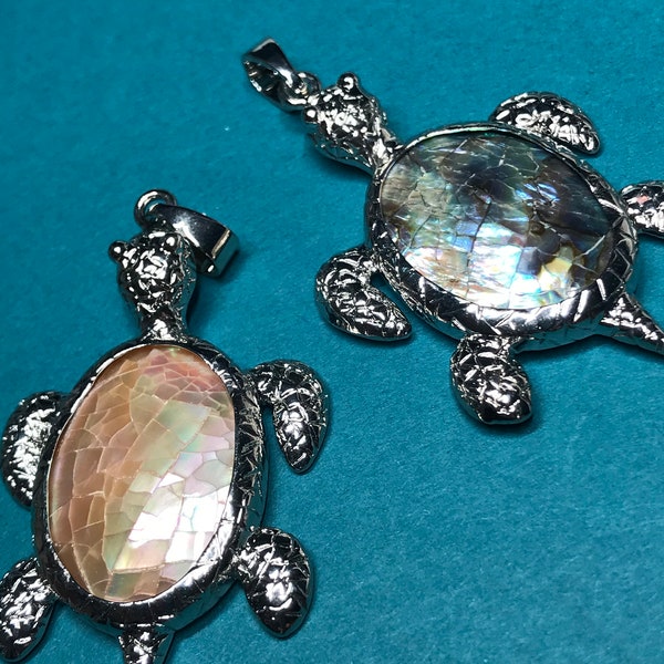 Abalone Shell or Pink Mother of Pearl TURTLE Pendant MOP Silver Sea Turtle Pendant with Sturdy Bail