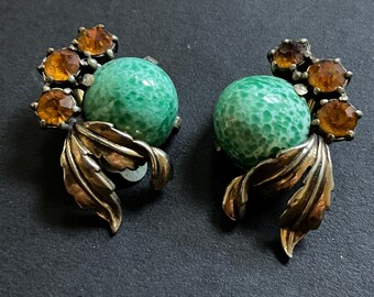 RARE Vintage 1950's Signed Elsa Schiaparelli Clip-on Earrings 'Easter Egg' Greenish Turquoise Cabochon Prong Set Topaz Color Crystals