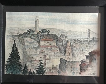 Signed Etching by Alec Stern Romantic Telegraph Hill Matted and Framed  San Francisco Wall Art
