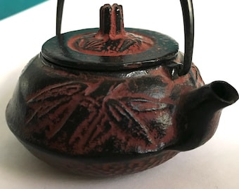 Vintage Miniature Traditional Style Tetsubin Japanese Teapot Cast Iron Toy Tea Pot Bamboo & Flowers Cherry Blossoms Floral Design