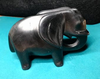 Unique Vintage  Signed Carved ELEPHANT Figurine Hand Carved Black Stone Elephant