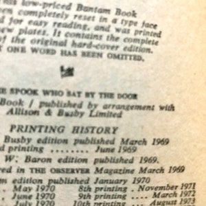 May include: A black and white image of a book's printing history. The text shows the printing dates and the number of printings for each date. The book was published in March 1969 and the last printing was in February 1976.