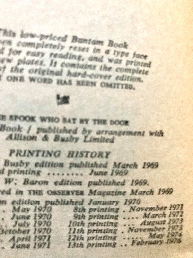 May include: A black and white image of a book's printing history. The text shows the printing dates and the number of printings for each date. The book was published in March 1969 and the last printing was in February 1976.