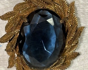 Vintage Leaves Statement Brooch Pin Large Sapphire  Glass Faceted Cabochon Antiqued Brass Bronze Art Nouveau  Leaf  Pin