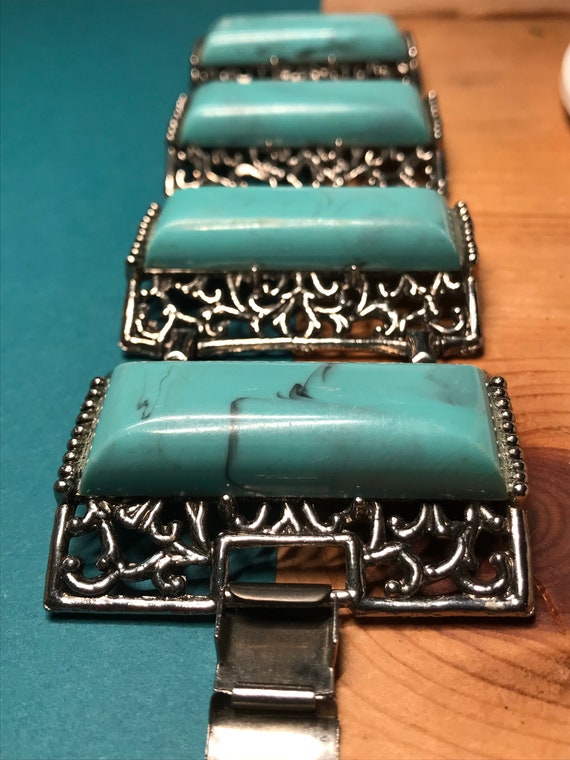 Vintage Faux Turquoise Wide Chunky Panel Bracelet 