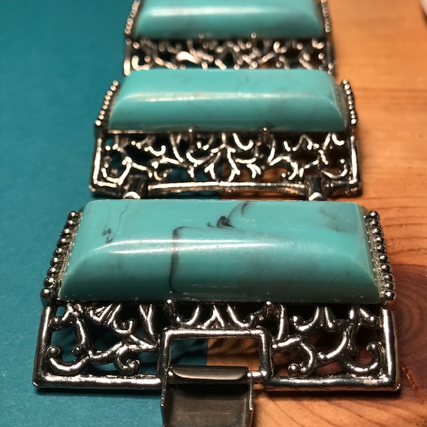 Vintage Faux Turquoise Wide Chunky Panel Bracelet Filigree Silver Tone  Thermoset BOHO 1960's 1970's Turquoise Blue Bracelet